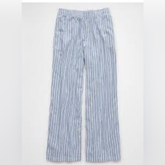 American Eagle Outfitters Pants - AMERICAN EAGLE Blue Stripe Linen Blend Hi Rise Pants Wide Leg Elasticated medium